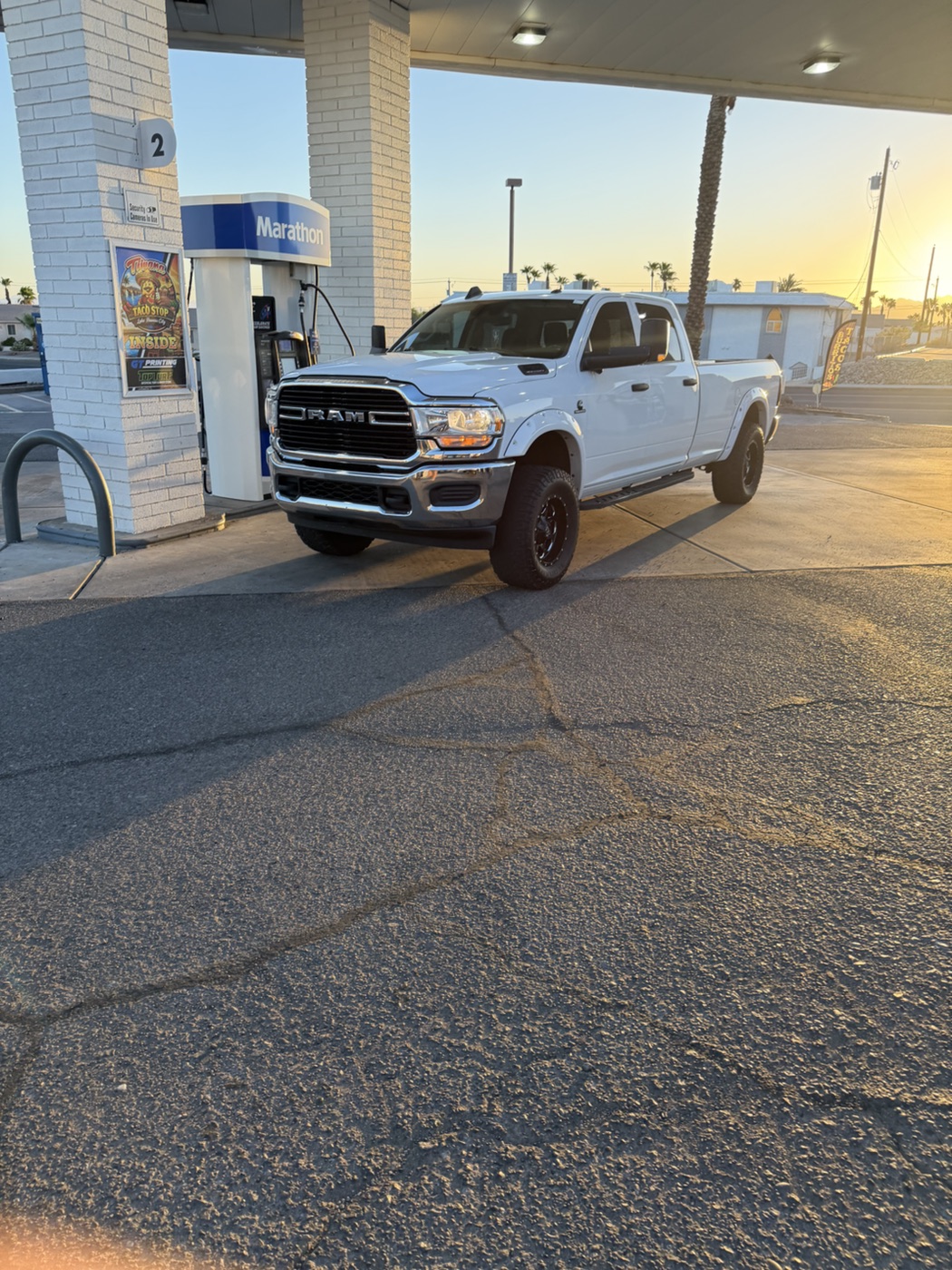 White Ram Cummins diesel truck at a Lake Havasu City fuel stop